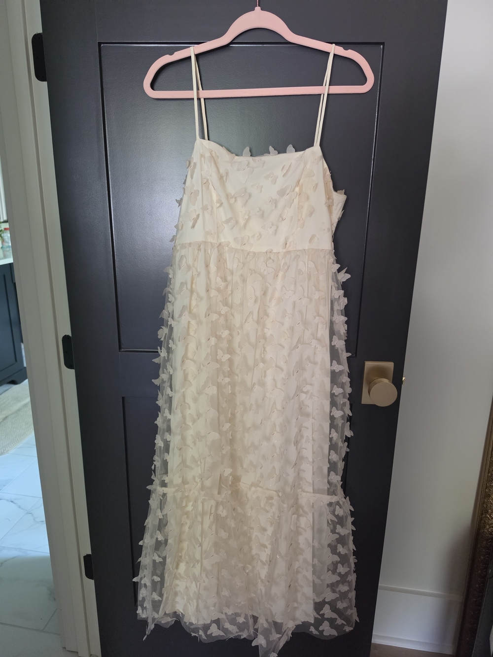 Cream Butterfly Appliqué Dress - Sleeveless Spaghetti Strap